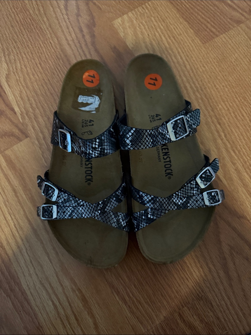 Birkenstock Black and Gray Snake-Print Triple Strap Sandals-size 41